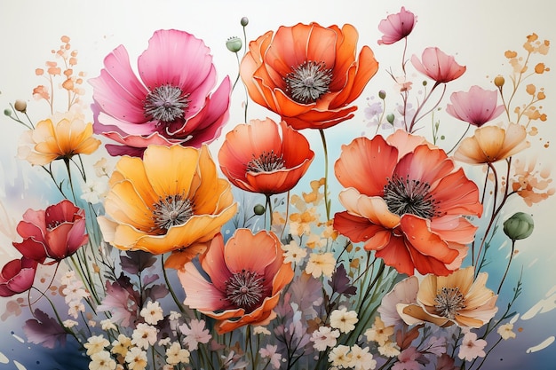 poppy flowers floral background spring flowers watercolor painting