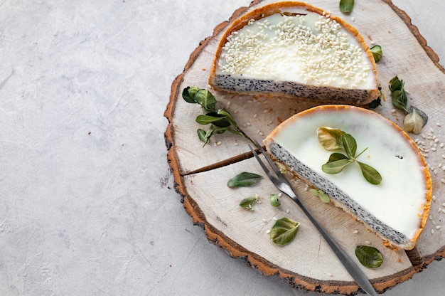 Poppy seed cheesecake. Space for text.