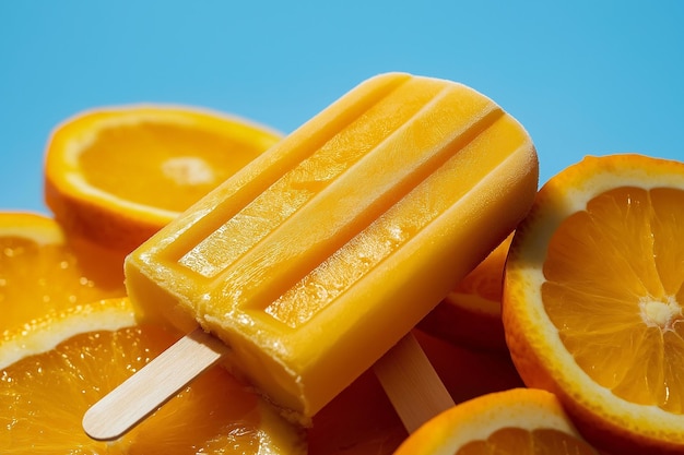 Photo popsicle surrounded by orange slice on a blue background