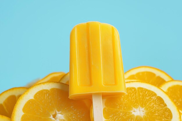 Popsicle surrounded by orange slice on a blue background