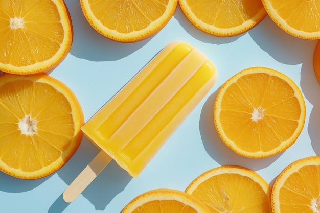 Photo popsicle surrounded by orange slice on a blue background