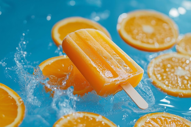 Photo popsicle surrounded by orange slice on a blue background