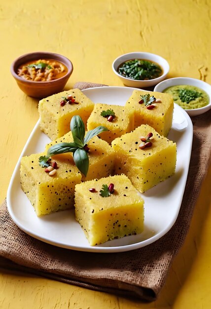 Popular Indian dish Traditional Food Sev Khaman Dhokla Served With Green Chutney Chilli