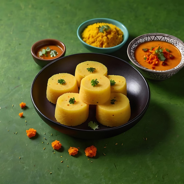 Photo popular indian dish traditional food sev khaman dhokla served with green chutney chilli