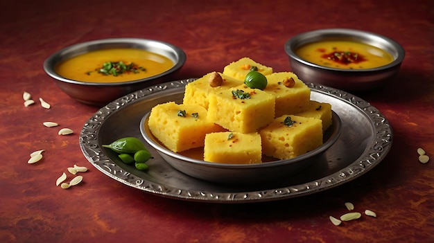 Popular Indian dish Traditional Food Sev Khaman Dhokla Served With Green Chutney Chilli