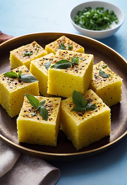 Popular Indian dish Traditional Food Sev Khaman Dhokla Served With Green Chutney Chilli