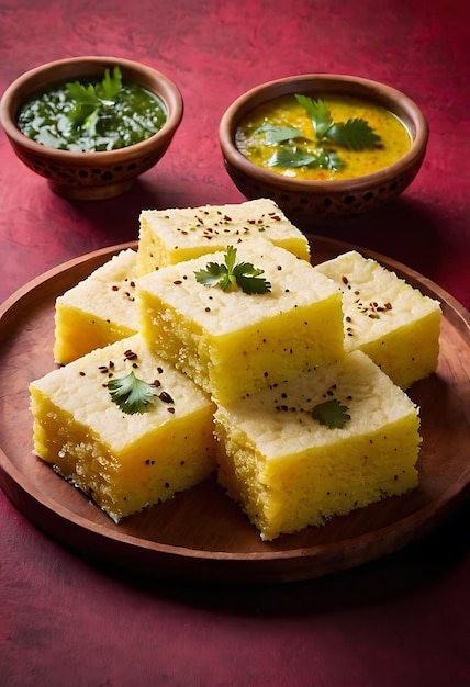 Popular Indian dish Traditional Food Sev Khaman Dhokla Served With Green Chutney Chilli