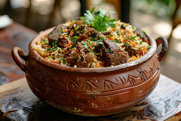 Popular Indian Dum Handi Mutton Biryani in clay pot