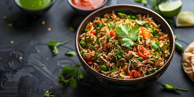 Popular Indian street food spicy bhel puri chat with tomatoes green chilies coriander sweet and green chutney Concept Indian Street Food Spicy Bhel Puri Tomatoes Green Chilies Coriander