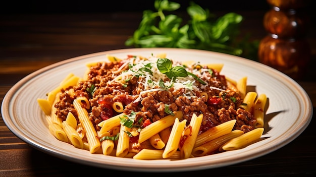 Popular italian food Close up of whole wheat penne pasta bolognese topped with shredded parmesan and basil in a white plate on wooden table Carbohydrates calories food nutrition