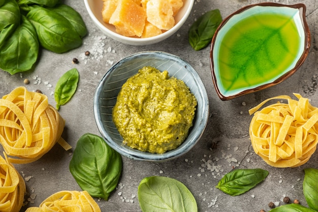 Popular italian pesto sauce. Pasta cooking concept, ingredients and spices.