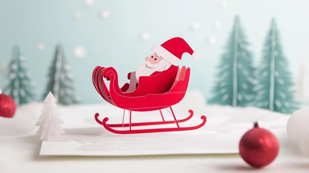 Photo popup christmas card featuring santa in a sleigh against a winter backdrop