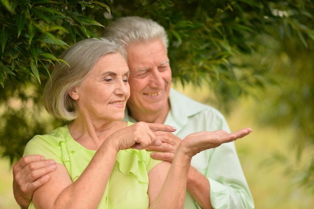 Porait of senior couple posing in the park woman showing open palm