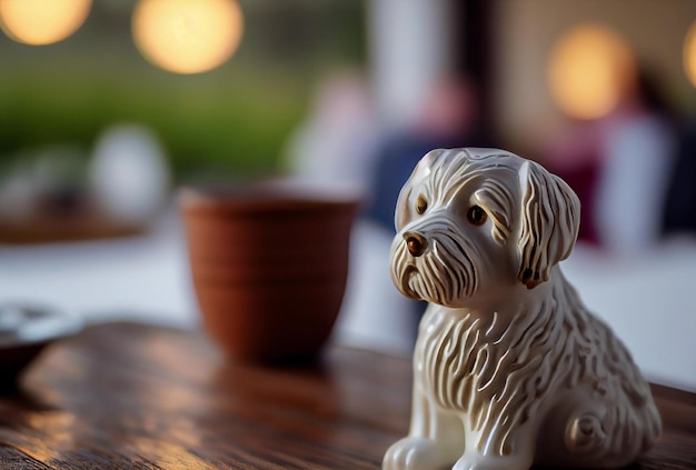 Porcelain dog stands on a wooden table blurred room background