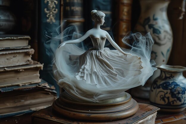 Photo porcelain figurine of a woman in a white dress with smoke surrounding her on a wooden base