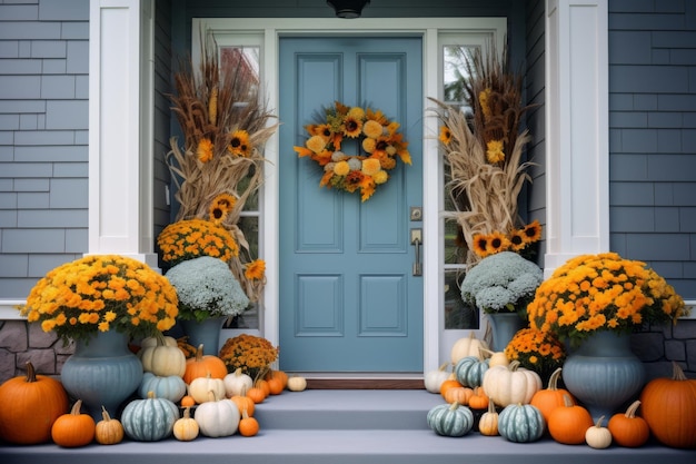 Porch decor featuring pumpkins flowers for Halloween Blue doors steps inviting entrance