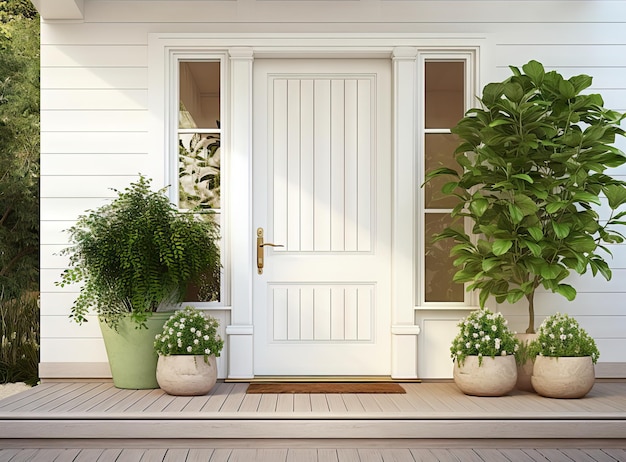 Porch entrance door with decorative flower pots created with Generative AI technology