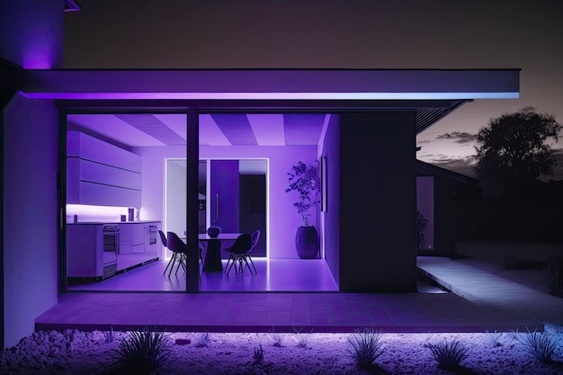 A porch with futuristic purple LED lighting Lights clean contours highlight the houses spare design