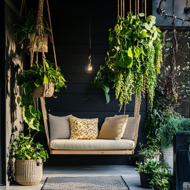 a porch with a plant hanging from the ceiling and a chair with a plant hanging from it