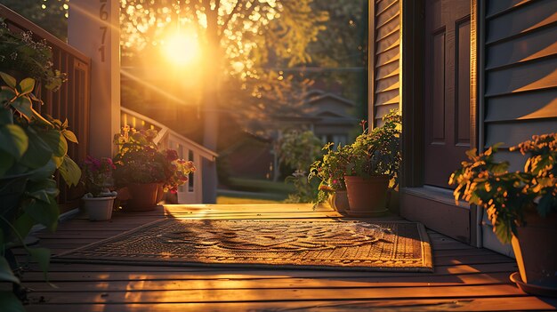 a porch with a sun setting behind the porch