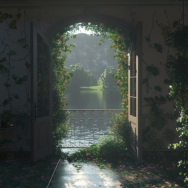 a porch with a view of a lake and a bridge with a view of the water