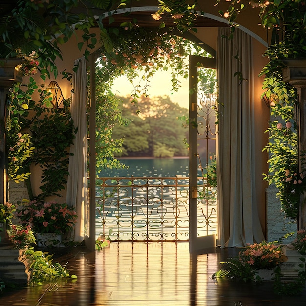 a porch with a view of a lake and a bridge with a view of the water