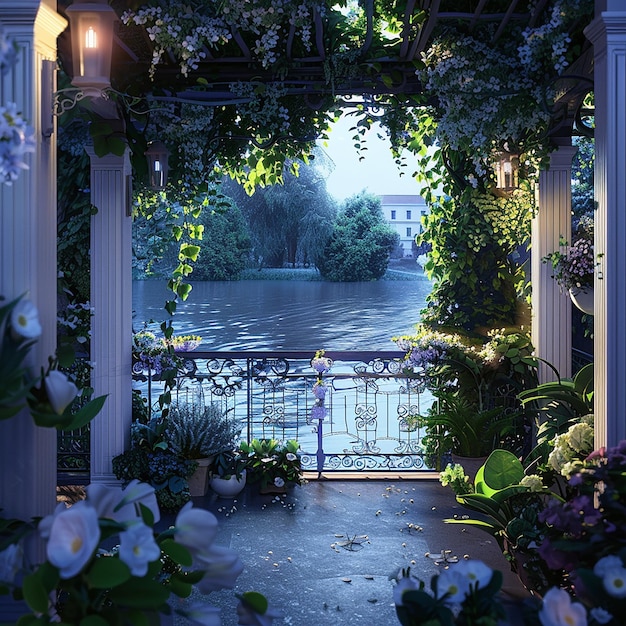 a porch with a view of a lake and a bridge with a view of the water