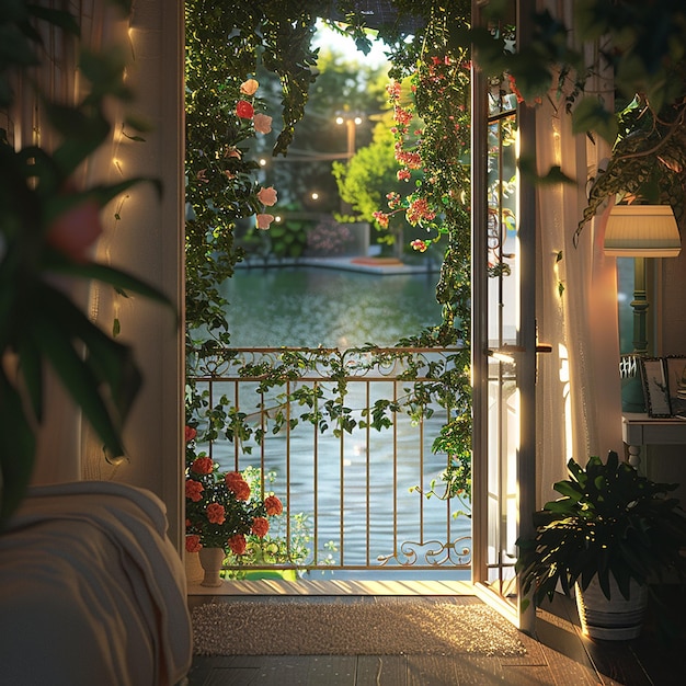 a porch with a view of a lake and a bridge with a view of the water