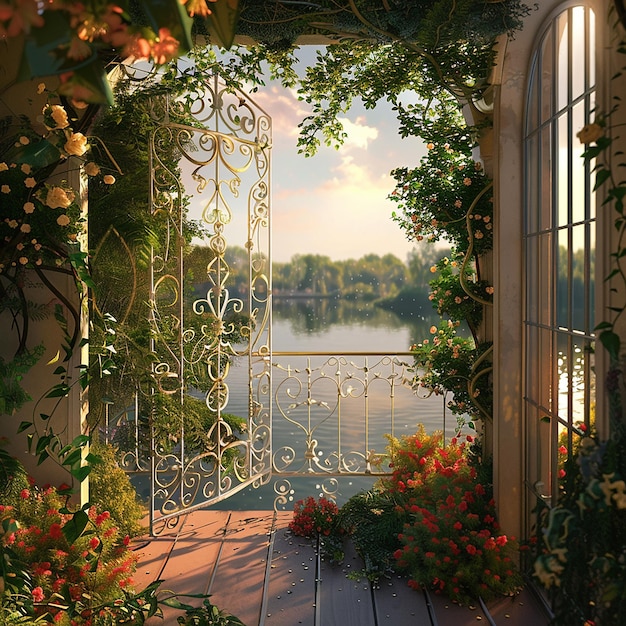 a porch with a view of a lake and a bridge with a view of the water