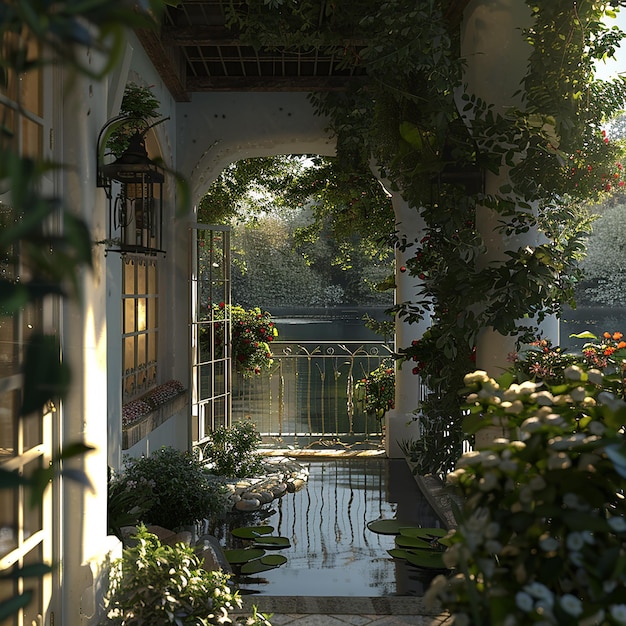 a porch with a view of a lake and a bridge with a view of the water