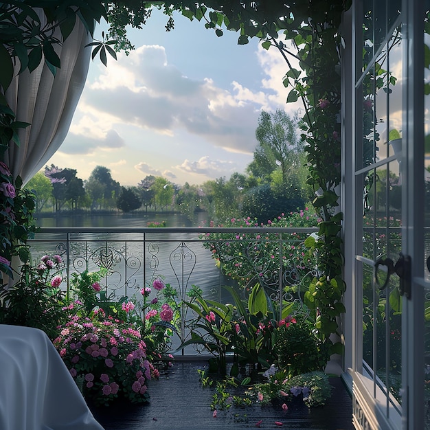 a porch with a view of a lake and a bridge with a view of the water