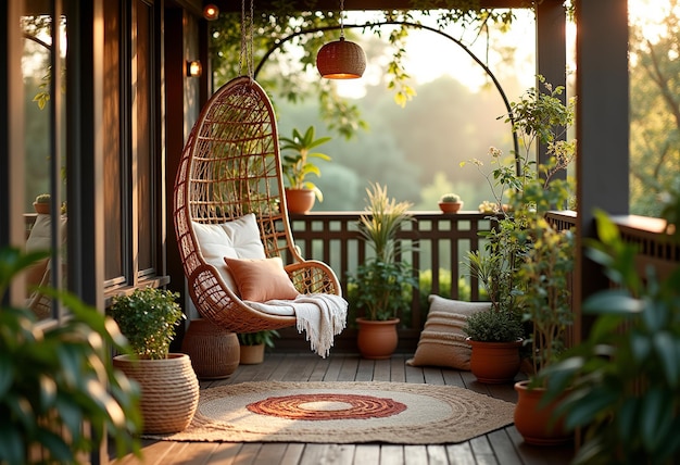 Photo a porch with a wicker chair and a wicker chair