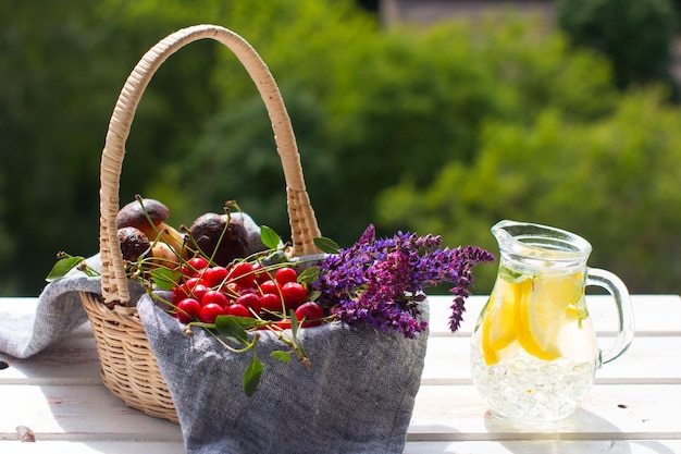 Porcini mushrooms and cherry berries in a basket Harvesting