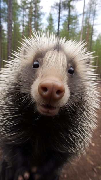 Porcupine touches camera taking selfie Funny selfie portrait of animal