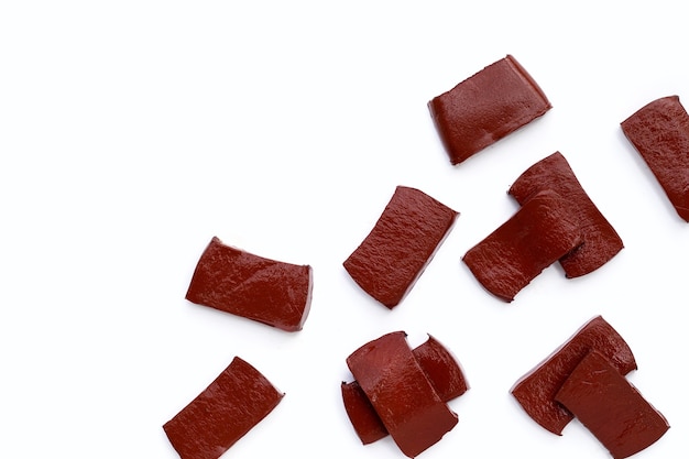 Pork blood pudding in white plate on white background.