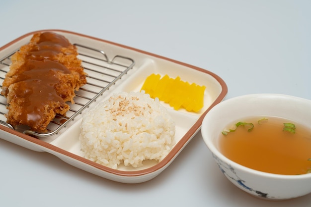 Pork cutlet and miso soup in a bowl