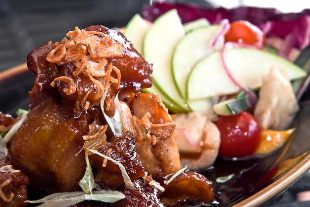 pork dish with apple in sweet and sour sauce, japanese food, food dish, lifestyle