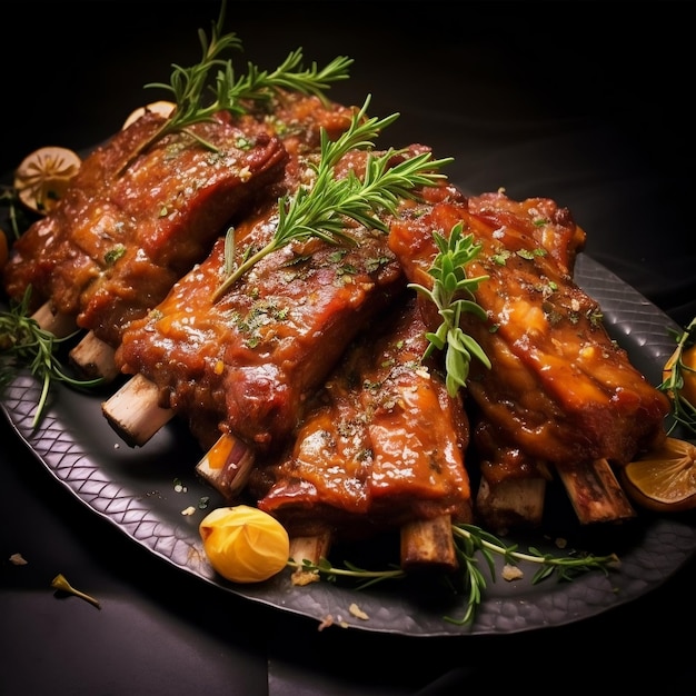 Pork ribs presented on a platter AI