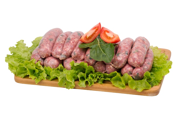 Pork sausage with arugula on cutting board on white background.