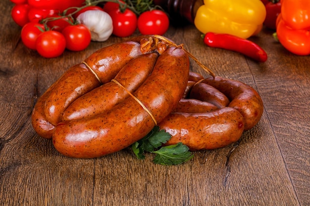 Pork sausages over wooden