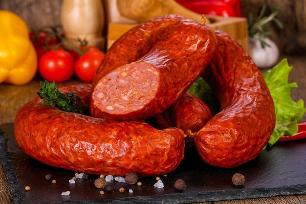 Pork sausages over wooden