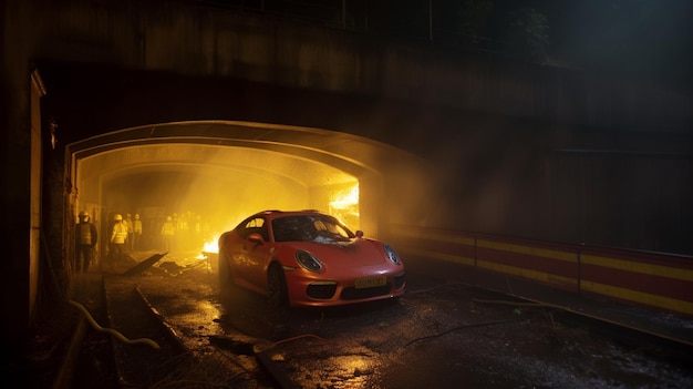 A porsche 718 gt3 is under a tunnel with smoke coming out of it.