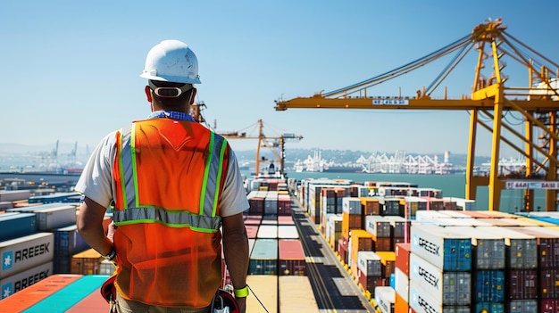 A port operator in an orange vest and white helmet stands on the deck of his ship overlooking rows of containers stacked along one side of the dock