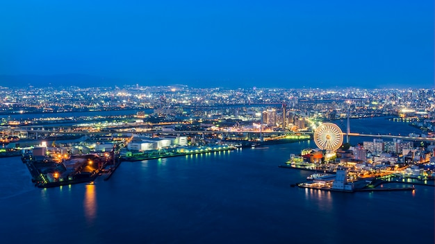 Port of Osaka,night view of Osaka bay in twilight ,travel destination and famous place in Kansai area ,Japan