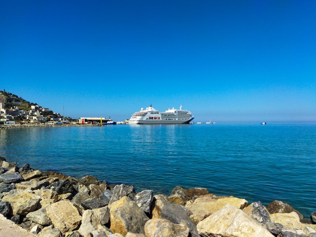 Port view in Kusadasi Turkey with big ship