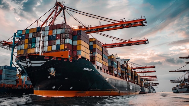 Port with cargo vessel during cargo operation in the port industry shipping Containers logistics