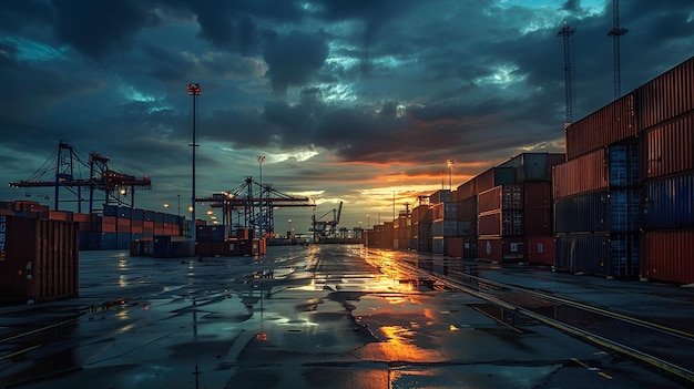 Port with cargo vessel during cargo operation in the port industry shipping Containers logistics