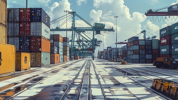 Port with cargo vessel during cargo operation in the port industry shipping Containers logistics