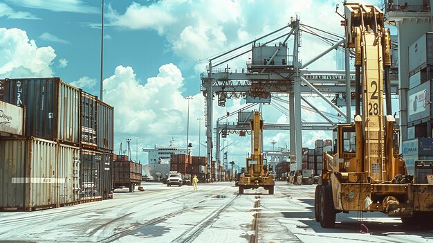 Port with cargo vessel during cargo operation in the port industry shipping Containers logistics