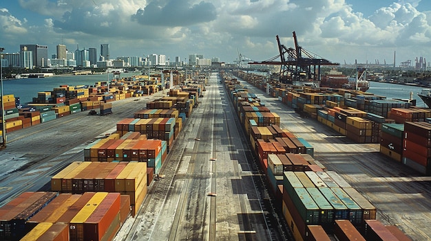 Port with cargo vessel during cargo operation in the port industry shipping Containers logistics